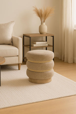 English Elm Driftwood Beige Upholstered Stool with Rope Accents — Compact Coastal Seat, Durable Driftwood Base B2699P376926