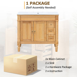 English Elm 36" Freestanding Bathroom Vanity Solid Wood Cabinet with Ceramic Sink and Soft Close Storage N729P300165N