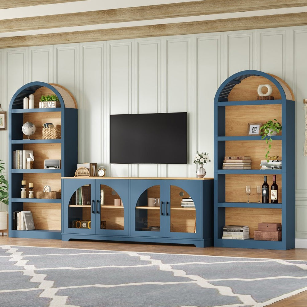 English Elm 3-piece Farmhouse Entertainment Center with Arched Glass Doors and Open Tower Shelving Blue N721S000070C