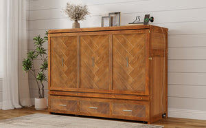 English Elm Queen Murphy Cabinet Bed Pine Wood Geometric Panels Usb Charging Guest Room Storage W504S00303