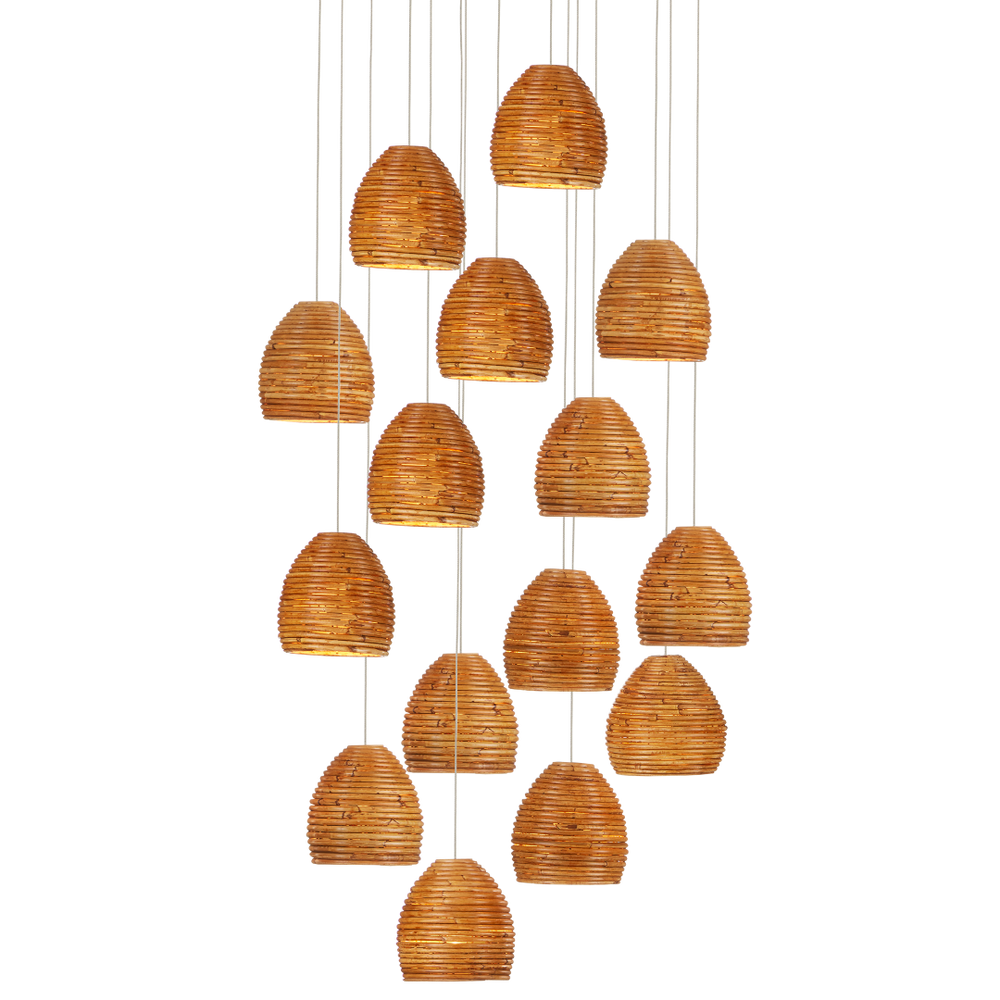 Beehive 15-Light Multi-Drop Pendant with Rattan Shades and Silver Canopy for Elegant Indoor Lighting