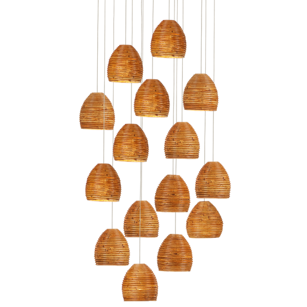 Beehive 15-Light Multi-Drop Pendant with Rattan Shades and Silver Canopy for Elegant Indoor Lighting