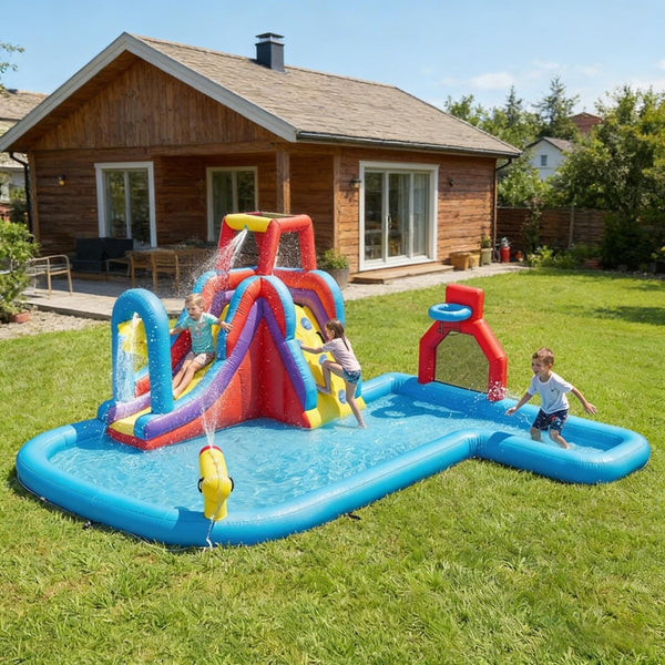 English Elm Inflatable Water Park Backyard Slide Splash Pool Climbing Wall 6 Activity Play T3971P484713