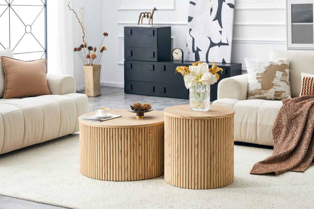 English Elm 2-piece Round Nesting Tables with Fluted Column Base Hidden Storage Oak Grain Finish Wood W3875P396797