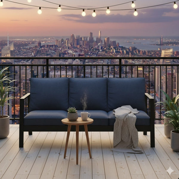 English Elm 75" Rust-proof Aluminum Outdoor Sofa with High-density Foam Cushions for Patio Lounging Black+Blue B082P454984