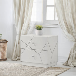English Elm Ultra White High-Gloss Nightstand with 2 Soft-Glide Drawers, Embossed Lines & Silver Knobs, 23"W x23"H B2741P408964
