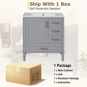 English Elm 30" Elegant Bathroom Vanity with Ceramic Sink, Soft-Close Door & 3 Drawers, Gold Handles, Durable Finish Gray N729P184479E