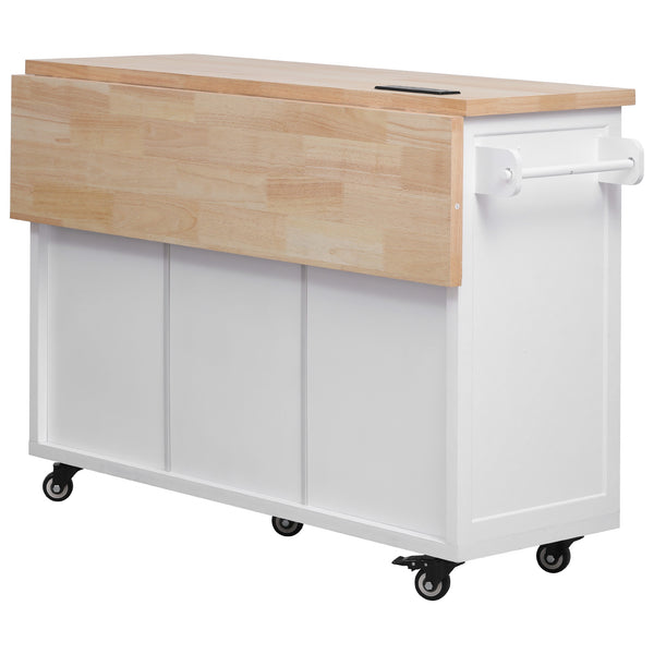English Elm K&K 56.5" Kitchen Island with Drop Leaf, Embossed Vertical Stripe Barn Doors, Wheels & Charging Hub White N707P263094W