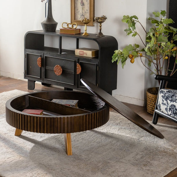 English Elm 39.37" Round Retro Coffee Table with Storage Mdf Top Solid Wood Legs Living Room W757P379484