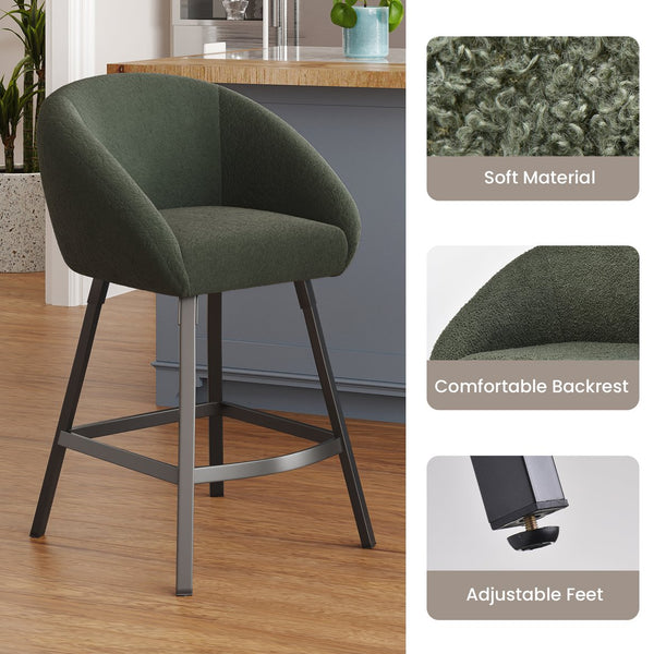 English Elm Bar Upholstered Counter Stool Set of 2 with Back and Armrests, Velvet Seat, 27" Comfort Height, Durable Green T3623P407972