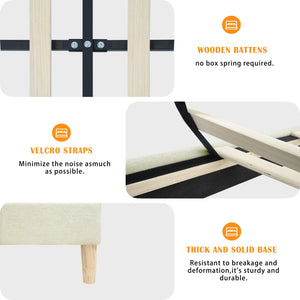 English Elm King Upholstered Platform Bed Frame King Size Linen Fabric Padded Headboard Adjustable 32.87"-37" Beige Modern Sturdy 1000lb Capacity W1716P280530