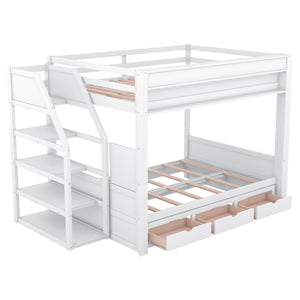 English Elm Wood Full Size Convertible Bunk Bed with Staircase Storage, Bedside Table and 3 Large Drawers, Durable Pine Finish White GX000335AAK-1