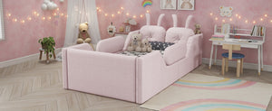 English Elm Twin Kids Platform Bed Teddy Fabric Upholstered with Bunny Cushions and Safety Rails Pink W2593P395807