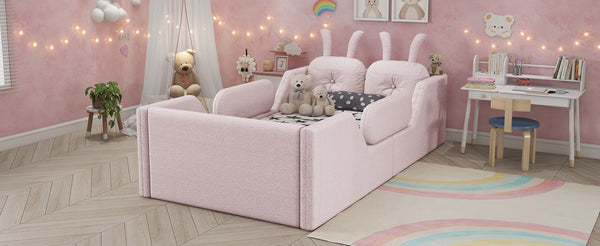 English Elm Twin Kids Platform Bed Teddy Fabric Upholstered with Bunny Cushions and Safety Rails Pink W2593P395807
