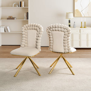 English Elm Dining Velvet Swivel Chairs Set of 2 with Hairball Backrest, Gold Metal Legs, Plush Foam Seat, Adjustable Feet Beige W757P281151