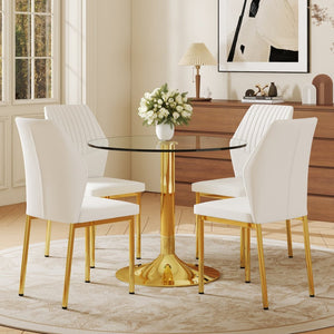 English Elm Table And Chair Set - 35" Round Tempered Glass Dining Table With Gold Metal Base & 4 White Chairs W1151S03703-GIGA