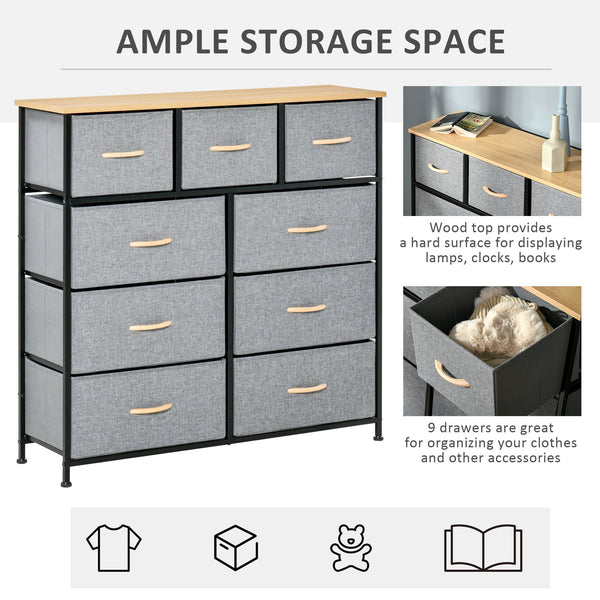 English Elm HOMCOM 9-Drawer Storage Chest with Wood Top & Steel Frame, Foldable Fabric Bins, Anti-Tip Protection W2225P217735