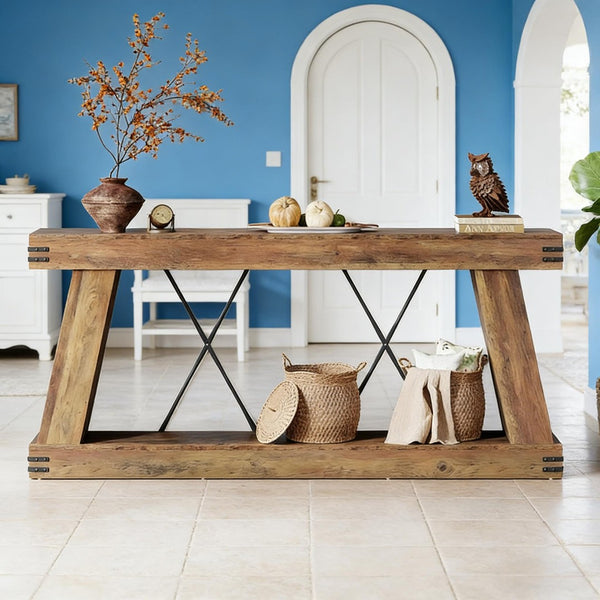 English Elm Coffee Console Table Industrial Metal Frame Vintage Wood Grain 2 Tier Entryway Sofa T3971P449920