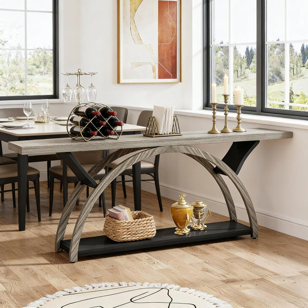 English Elm Hall Console Table Industrial Rustic Two Tier Wood Tone Metal Frame Entryway Sofa T3971P453670