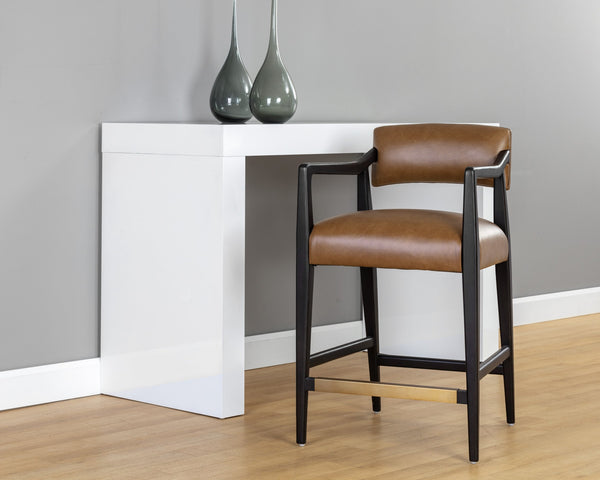Sunpan Keagan Bar Stool - Mid-Century Design with Dark Brown Oak Frame and Artisan Leather Craftsmanship Shalimar Tobacco Leather