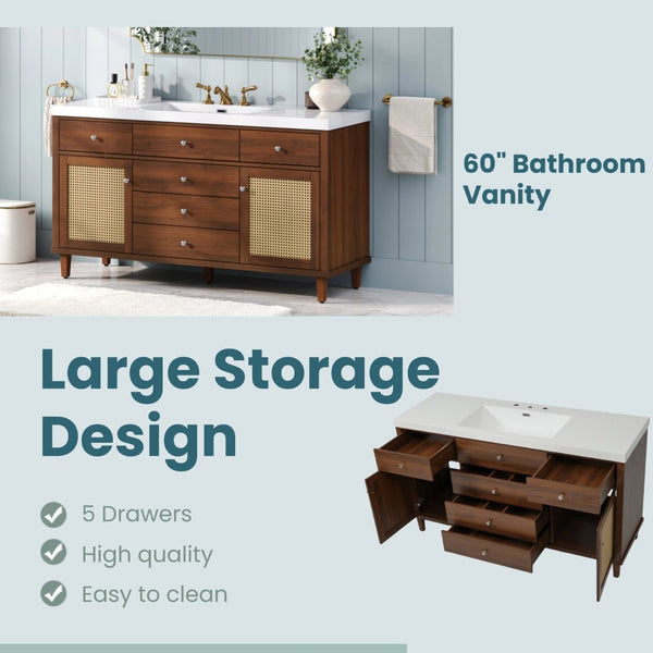 English Elm 60" Boutique Bathroom Vanity Rattan Doors Soft Close Drawers Smc Sink Pine Legs Brown N817P397678B