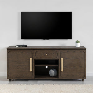 English Elm Transitional Vellara 70" TV Console Dark Walnut Finish Recessed Panels Gold Hardware, 70"W Stylish B2741P402569
