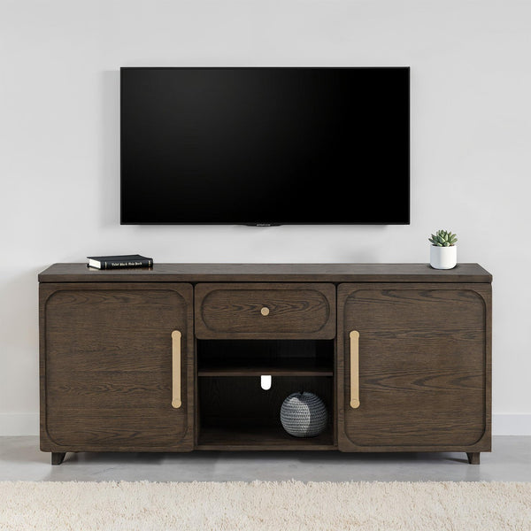 English Elm Transitional Vellara 70" TV Console Dark Walnut Finish Recessed Panels Gold Hardware, 70"W Stylish B2741P402569