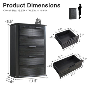 English Elm 6 Drawer Tall Fluted Chest with Waveform Fronts Slim Wooden Storage for Modern Bedroom Black Woodgrain T5326P425102