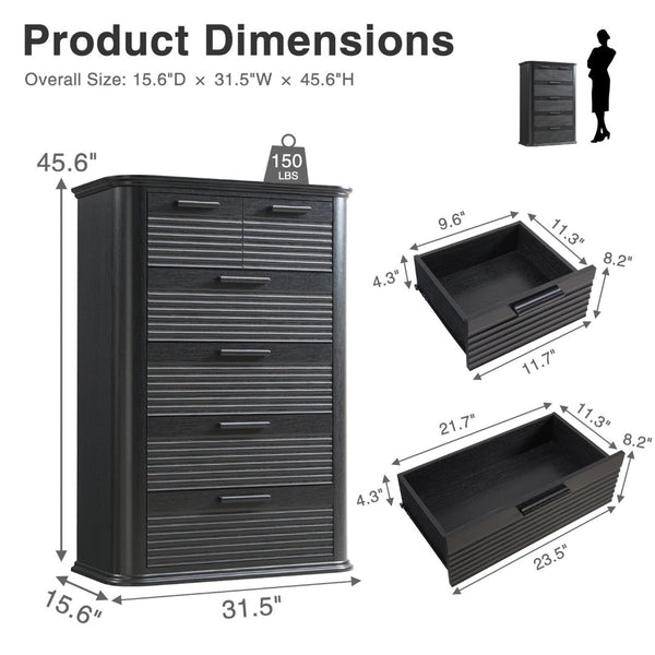 English Elm 6 Drawer Tall Fluted Chest with Waveform Fronts Slim Wooden Storage for Modern Bedroom Black Woodgrain T5326P425102