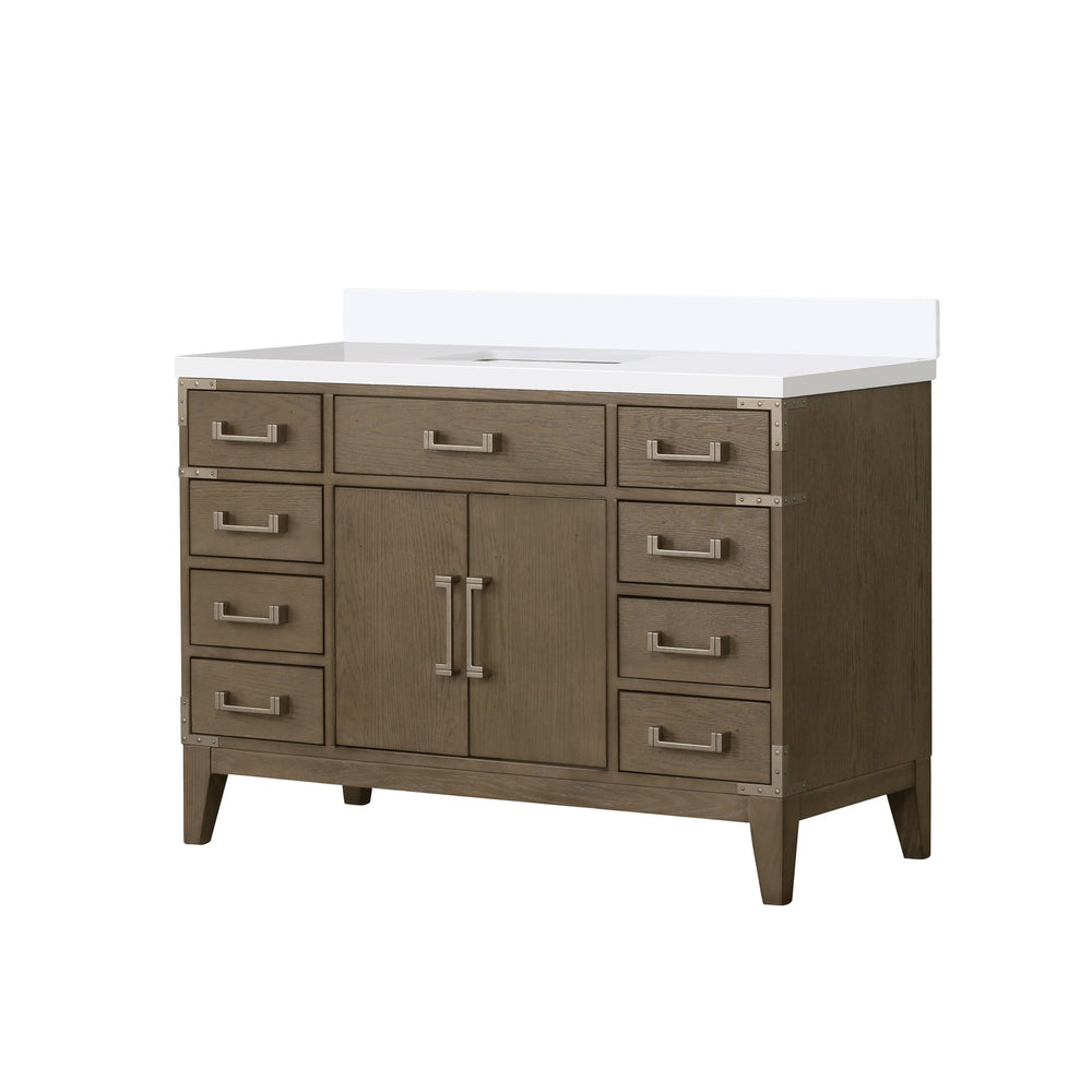 English Elm Grey Oak Single Bath Vanity With White Quartz Top - Elegant 48" W Storage & Soft-Close Drawers B2731P259816