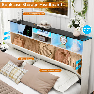 English Elm Farmhouse Queen Size Bed Frame With Integrated Storage, Usb Charging, Rgb Led Lights & Charming White Finish W1550P343690