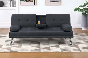 English Elm Living Convertible Faux Leather Sofa with Tufted Upholstery, Fold-Down Table and Cup Holders, Metal Legs Black 39 L x 8 W x 67 H B011P381499