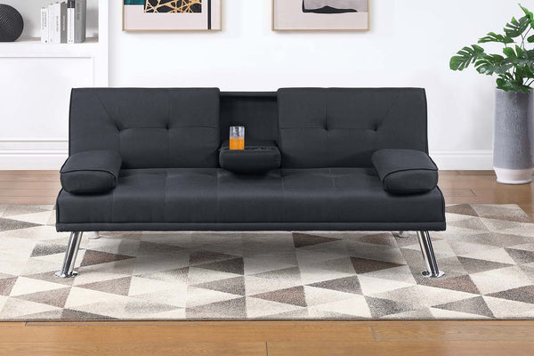 English Elm Living Convertible Faux Leather Sofa with Tufted Upholstery, Fold-Down Table and Cup Holders, Metal Legs Black 39 L x 8 W x 67 H B011P381499