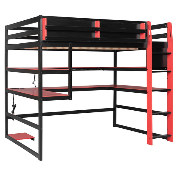 English Elm Full Size Gaming Loft Bed with Rgb Lights Wraparound Shelves and Built-in Usb Ports Red LT000299AAJ