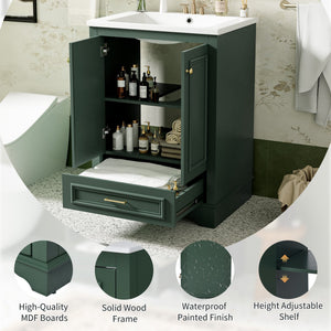 English Elm 24'' Bathroom Vanity with Ceramic Sink Combo Modern Freestanding MDF Cabinet with Soft-Close Doors and Sleek Silver Handles for Spacious Organized Bathroom Storage Green N710P194893F