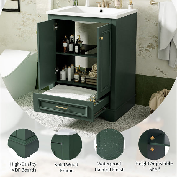 English Elm 24'' Bathroom Vanity with Ceramic Sink Combo Modern Freestanding MDF Cabinet with Soft-Close Doors and Sleek Silver Handles for Spacious Organized Bathroom Storage Green N710P194893F