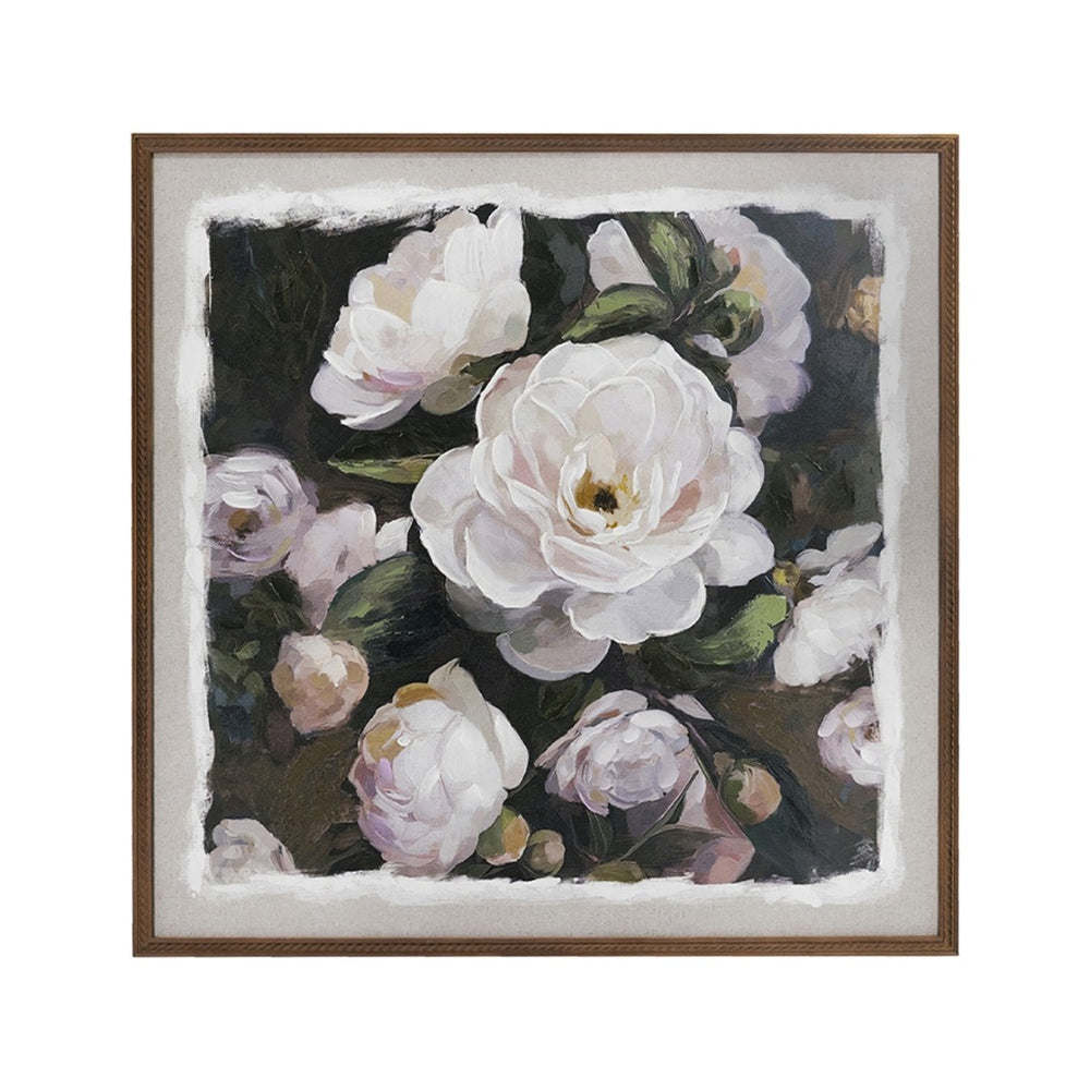 English Elm 39.4x39.4" Hand-painted Floral Canvas White Rose Art in Distressed Pine Frame W2078P481780
