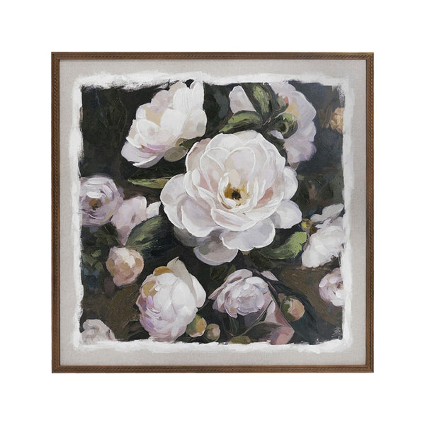 English Elm 39.4x39.4" Hand-painted Floral Canvas White Rose Art in Distressed Pine Frame W2078P481780