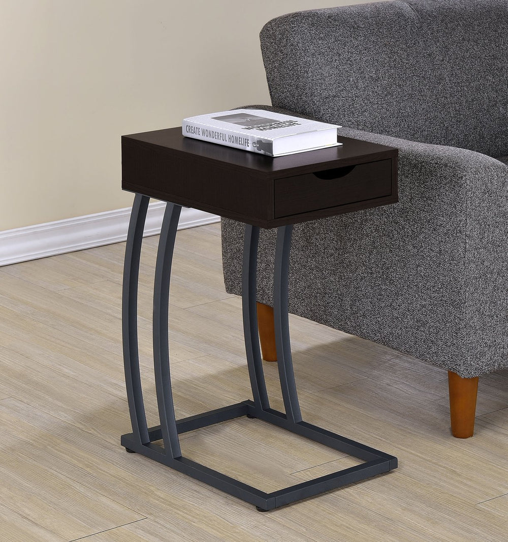 English Elm 1-drawer C-Shaped Side Table with Power Outlets and USB Ports, Antique Wood Finish, Metal Frame Accent Cappuccino B016P381111