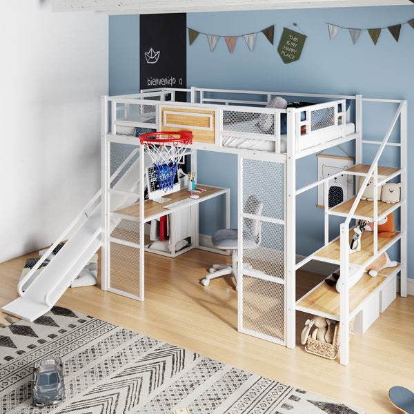 English Elm Full Full Size Metal Loft Bed with Built-In Desk, Slide, Basketball Hoop and Open Wardrobe Storage White GX001524AAK