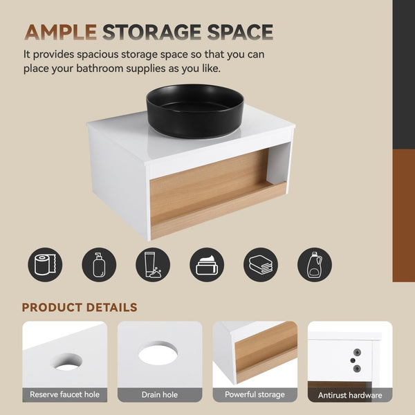 English Elm 30" Floating Wall Mount Bathroom Vanity Open Shelf Ceramic Vessel Sink Modern White Black,White + Light Oak W3450S00057