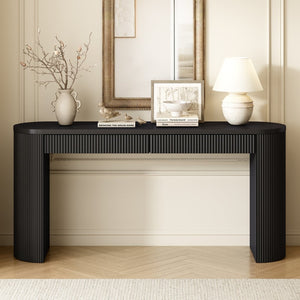 English Elm U_style Pine Veneer Console Table Arched Legs Stripe Drawers Entryway Hallway N711P415848B