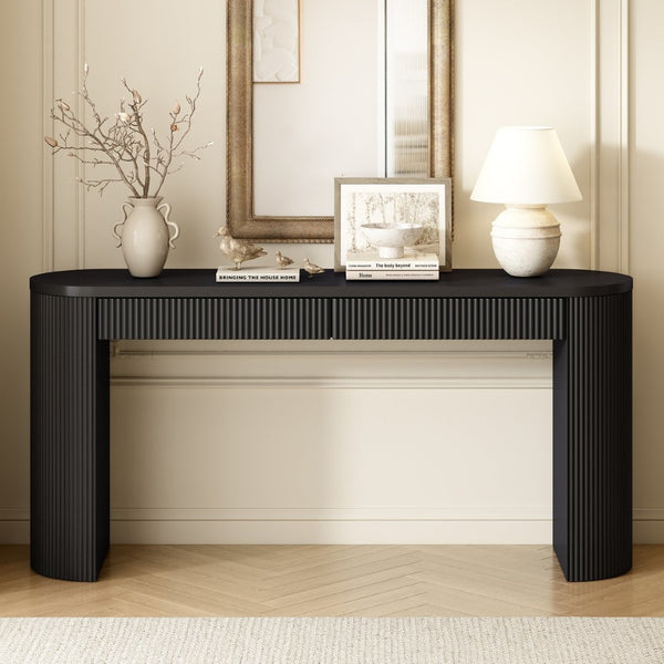 English Elm U_style Pine Veneer Console Table Arched Legs Stripe Drawers Entryway Hallway N711P415848B