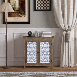 English Elm Rustic Vintage Wood Storage Cabinet with Metal Frame & Linen Doors, Dustproof Geometric Design, Easy Assembly W808P245584