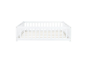 English Elm Queen Floor Bed with Safety Fence and Guardrails, Rubberwood Low Profile Platform for Kids White W504P286387