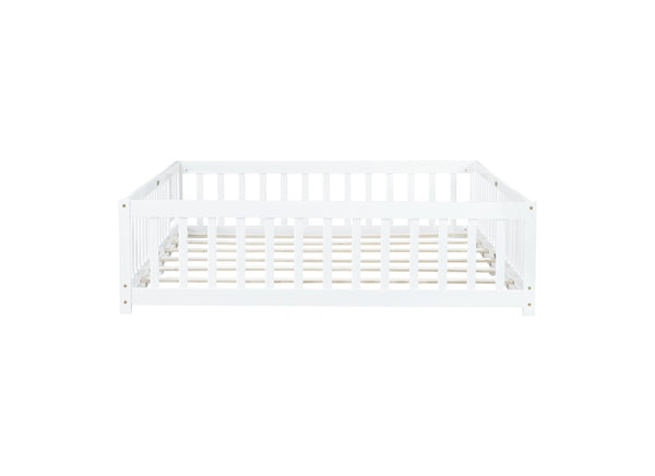 English Elm Queen Floor Bed with Safety Fence and Guardrails, Rubberwood Low Profile Platform for Kids White W504P286387