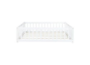 English Elm Queen Rubber Wood Floor Bed with Full Perimeter Safety Fence and Hinged Access Door White W504P429340