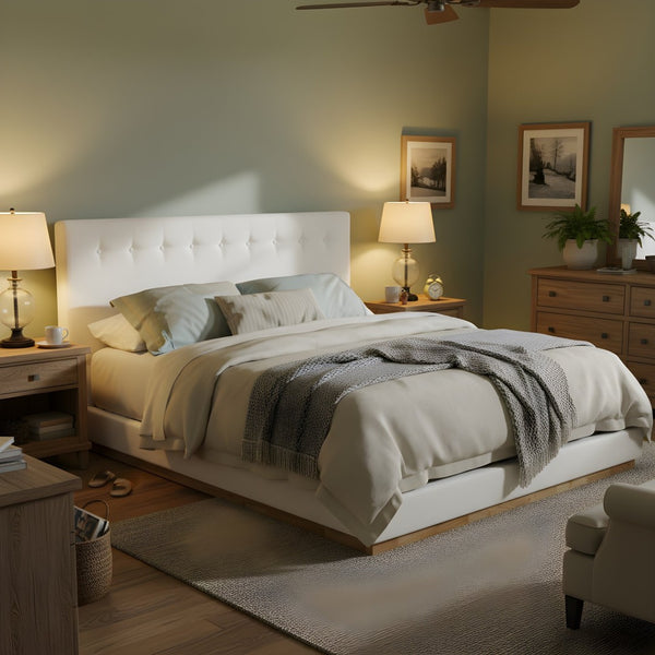 English Elm Solid Rubberwood King Platform Bed Tufted Upholstered Headboard Modern Bedroom Frame N769P387939W