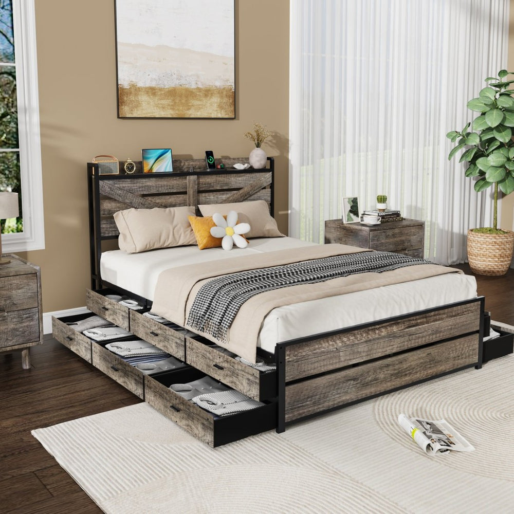 English Elm Queen Metal Platform Bed with 12 Storage Drawers Bookcase Headboard and Rgb Lighting W636S00008