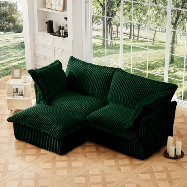 English Elm Slipcovered L-Shaped Sectional Sofa With Removable Covers, Deep Seats & Convertible Ottoman, Green Corduroy W3041S00080-GIGA